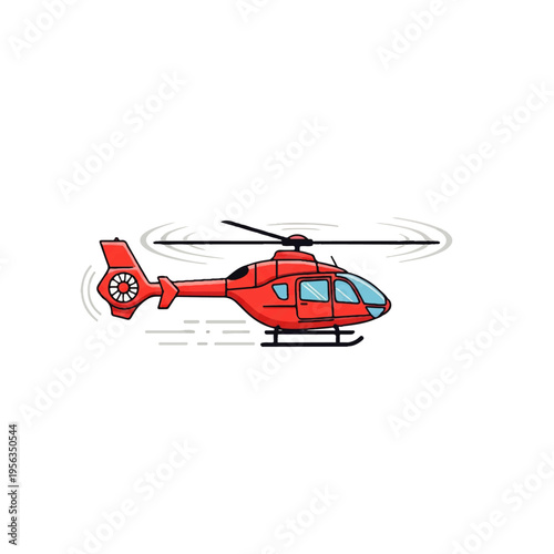 Vector flat design illustration of a red helicopter with rotor blades in motion against a clean white background.