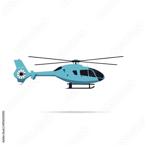 A Vector Flat Design Ilustration of a blue helicopter with rotor blades against a white background.