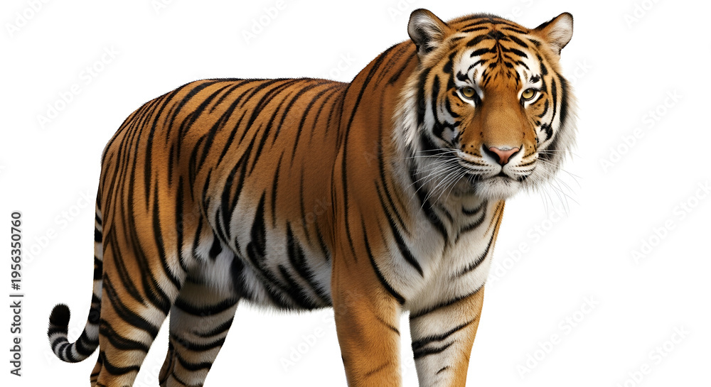 Obraz premium Majestic Bengal tiger with striking orange fur and black stripes stands isolated against a bright white background
