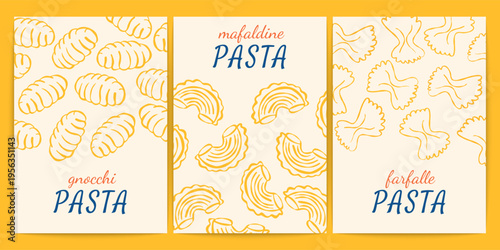 Italian pasta posters. Vintage traditional mediterranean noodle food backgrounds, farfalle, conchiglie rigate, gnocchi macaroni for restaurant menu, cookbooks, invitations. Vector set