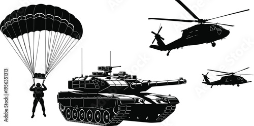 Black silhouettes of military helicopter tank and parachuter