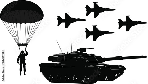 Black silhouette of soldier parachuting with tank and fighter jets parachute