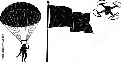 Black silhouettes of parachuter drone and waving flag