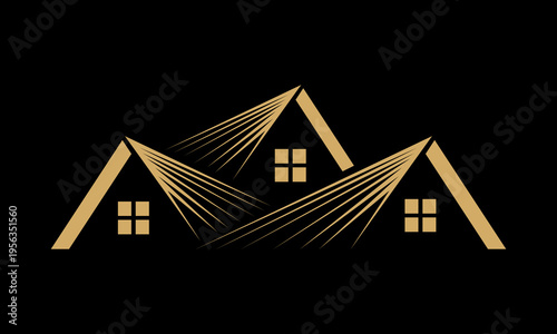 Golden illustration of three house rooftops with beams and windows shining brightly