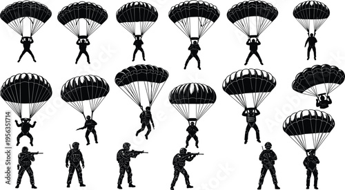 Black silhouettes of parachuters and soldiers on white background