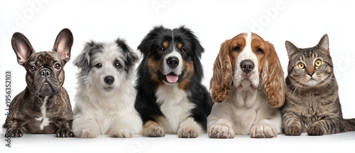 Group of dogs and cat lined up isolated on white background pet concept