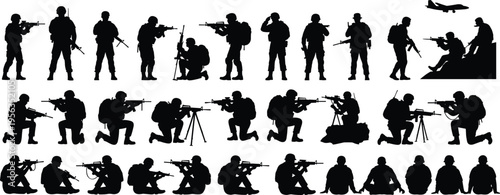 Black silhouettes of soldiers in various combat positions with guns