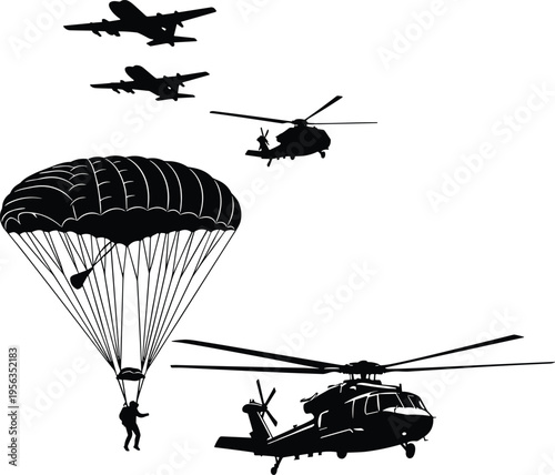 Black silhouettes of parachutist with open parachute and military aircrafts