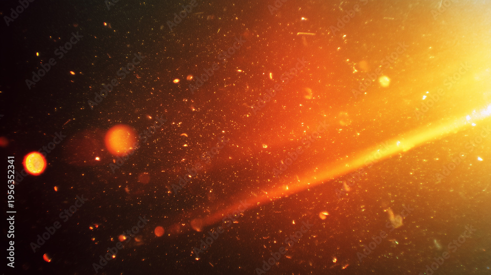 Fototapeta premium Abstract golden bokeh dust and light leak warm festive background