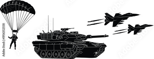Military vehicles and parachutist in black silhouette on white background tank fighter jets