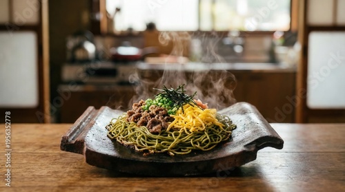 湯気が立ち昇る山口県郷土料理瓦そばと錦糸卵と牛肉のトッピング