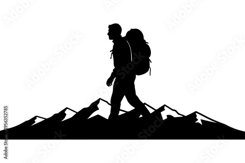 Hiker Ascending Mountain Peaks Silhouette