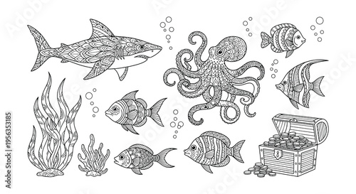 Detailed illustration of marine life including sharks octopus and fish