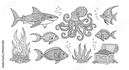 Detailed illustration of marine life including sharks octopus and fish