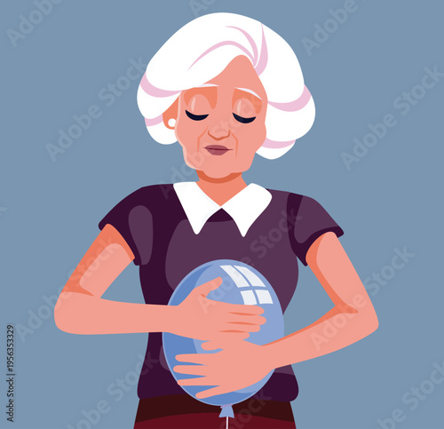 Elderly Woman Holding a Balloon Being Bloated Vector Illustration. Sad unhappy granny having problems with bloating and stomach pains 
