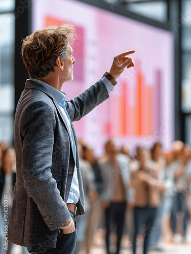 Focused Senior Male Business Leader Pointing to LED Screen with Bar Charts during Corporate Presentation