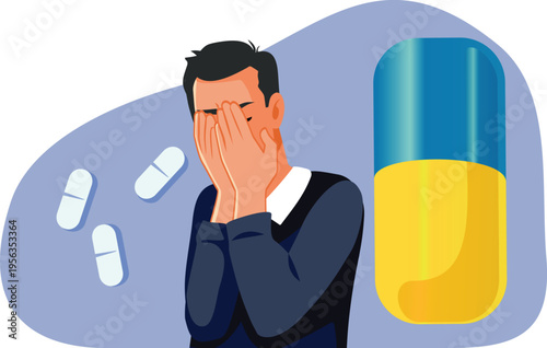 Depressed Man Covering Face Surrounded by Antidepressants Vector Illustration. Unhappy guy suffering from migraine and depression finding treatment