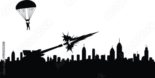 Parachuter descends over cityscape with giant sword city skyline skyscrapers spiky hilt
