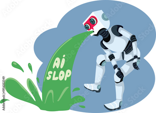 Robot Throws up Ai Slop Content Vector Illustration. Synthetic data being mass produces and distributed as spam 