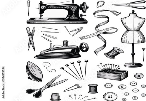 Vintage sewing kit set with sewing machine, scissors, mannequin, thread, pins, buttons, and iron vector