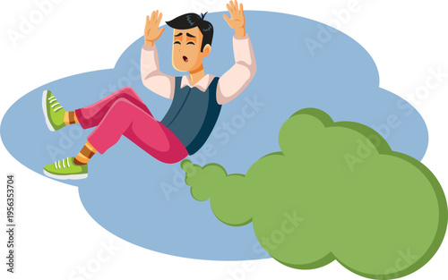 Funny Man Propelled by his own Farting Vector Illustration. Bloated person feeling gassy and  passing gas loudly