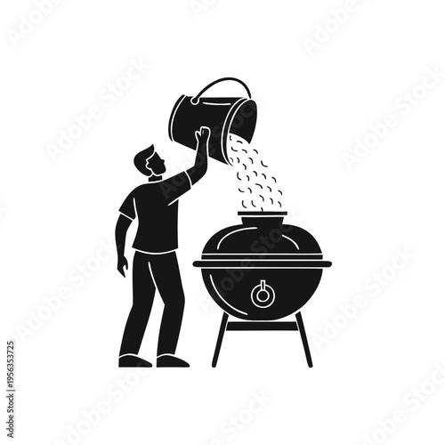 Grilling Preparation: A silhouetted figure meticulously prepares for a barbecue, pouring fuel into a round grill, readying for an outdoor cooking.