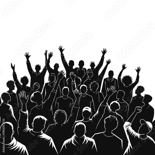 Uplifted Community Silhouette: A large gathering of people, rendered in stark monochrome, their raised arms expressing unity, hope, and collective action, creating a powerful visual impact.