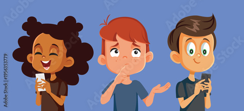 Kid Being Ignored by Chronically Online Friends Vector Illustration. Friends ignoring a young confused boy being distracted by online content