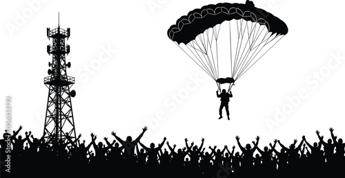 Silhouette of parachuter landing near cell tower with cheering crowd
