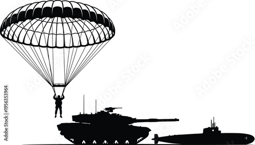 Silhouette of parachuter with military tank and submarine