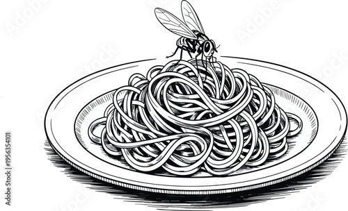 Hand drawn vector illustration of a fly on pasta, depicting unhygienic food and pest contamination