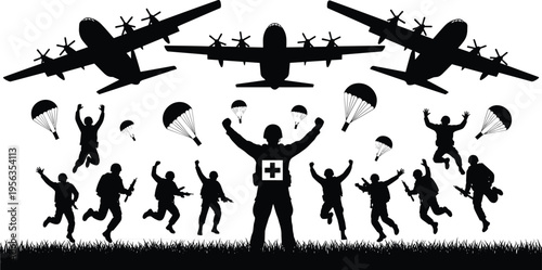 Silhouette of parachuters jumping from planes with medical worker silhouettes airplanes jumpers
