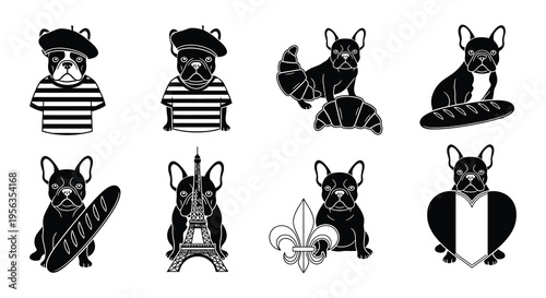 French bulldogs parisian icons and baked goods in a black and white illustration