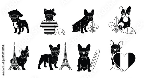 French bulldogs parisian icons and baked goods in a black and white illustration