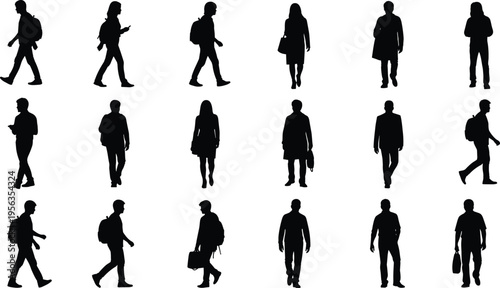 Stylized illustration of sixteen human silhouettes walking and standing in grid layout, minimal black figures representing posture, motion, and everyday activities for design concepts