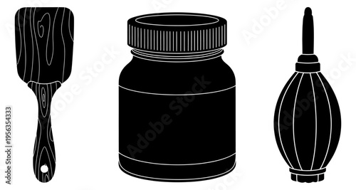 Black and white illustration of a paddle, jar, and bulb