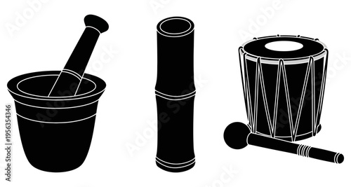 Black and white illustration of indian musical instruments