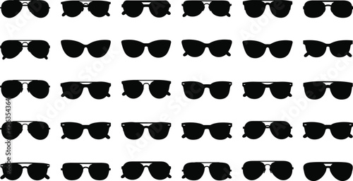 Stylized illustration of twenty‑five sunglasses silhouettes in grid layout, showcasing diverse eyewear styles including aviator, wayfarer, cat‑eye, and round designs for fashion concepts