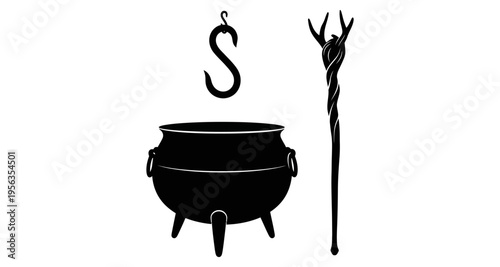 A black silhouette of a magic wand and a witch's cauldron