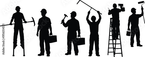 Silhouette construction workers with tools, ladder, roller, bucket, and toolbox performing diverse manual labor tasks,