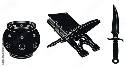 A black and white image of a vase, a book and a knife