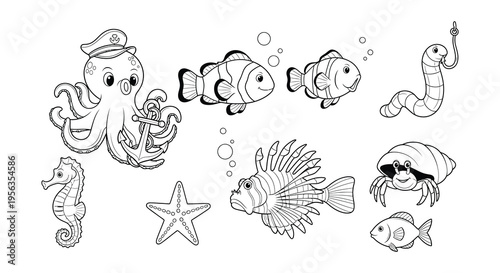 Cute cartoon illustration of various sea creatures and marine life
