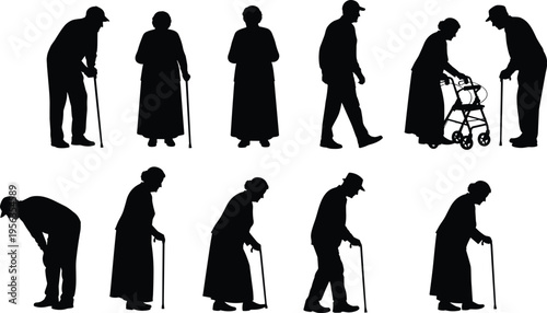 Silhouette illustration of elderly people standing and walking with canes and walker, symbolizing aging, mobility support, senior lifestyle, and human movement in later life.