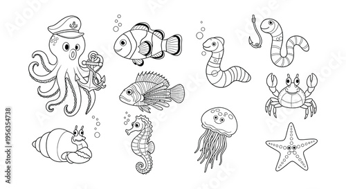 Cute cartoon illustration of various sea creatures and marine life