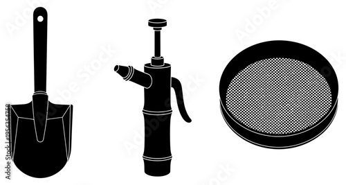 Black and white illustration of three gardening tools