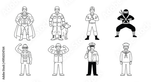 Line art illustrations depicting various professions and heroic figures