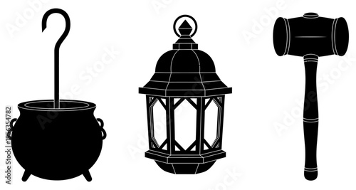 Black and white image of a cauldron, lantern and gavel