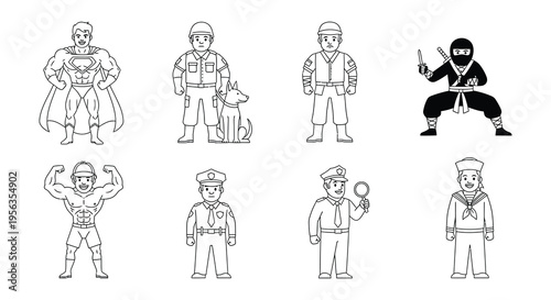 Line art illustrations depicting various professions and heroic figures
