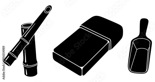 Black and white drawing of a pipe, pack of cigarettes and lighter