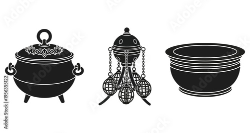 A black and white image of pots and a censer